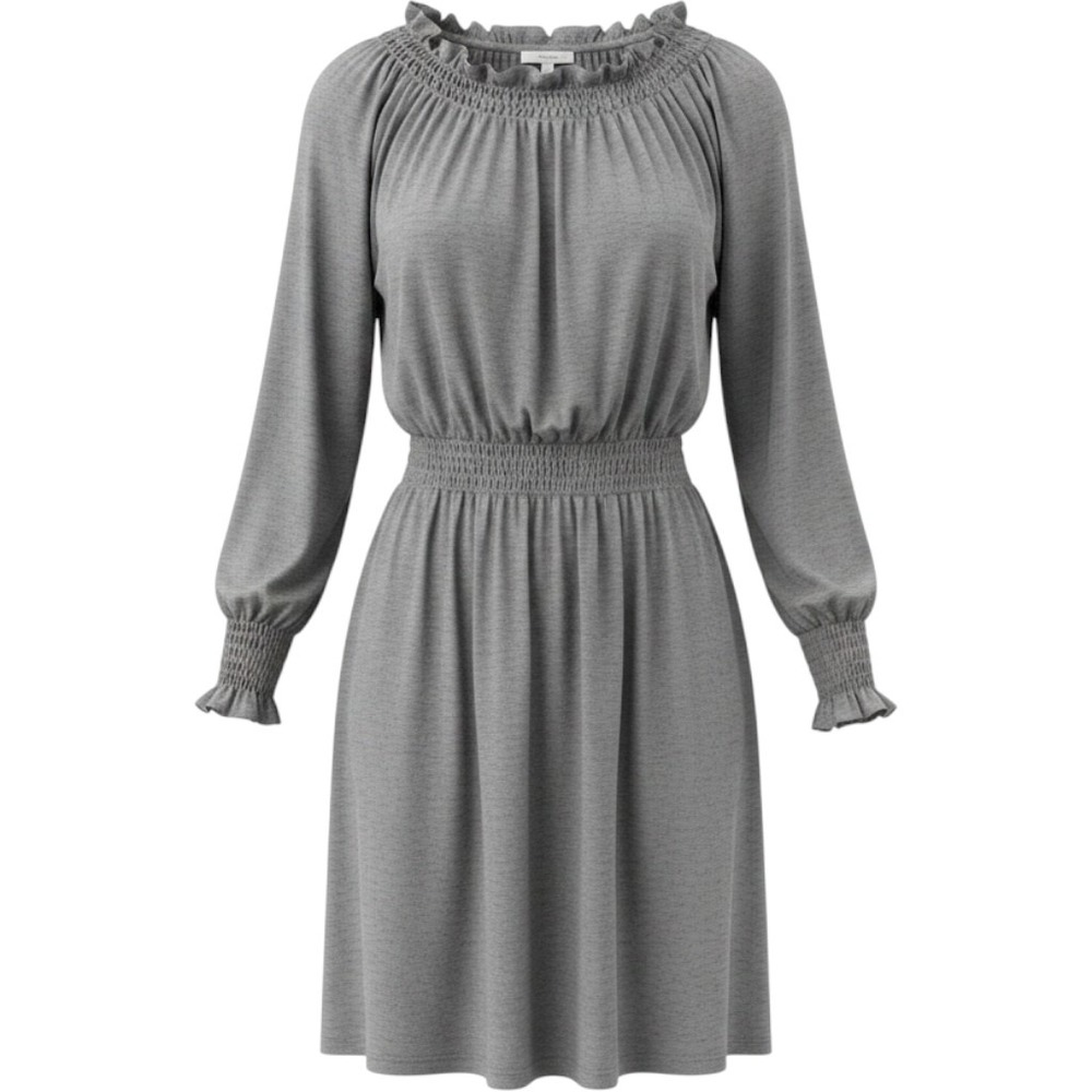 Norma‎ Kamali Gray Smocked Waist Ruffle Neck Long Sleeve Mini Dress XS